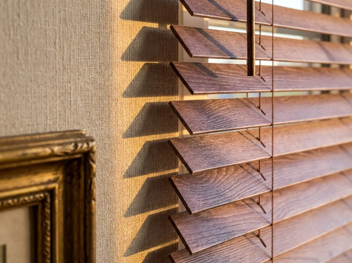 Close-up of dark timber venetian blind slats and control cords catching warm afternoon light in a Six Fountains home