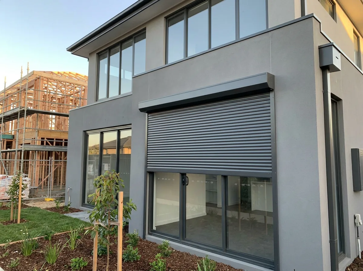 External aluminium roller shutter lowered partway over west-facing ground-floor sliding doors on a new double-storey Six Fountains home
