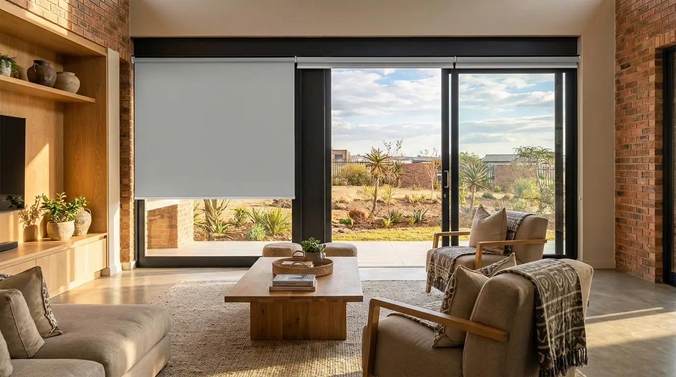Child-safe cordless blockout roller blind in a family living room in a newer estate home in The Wilds, Pretoria East