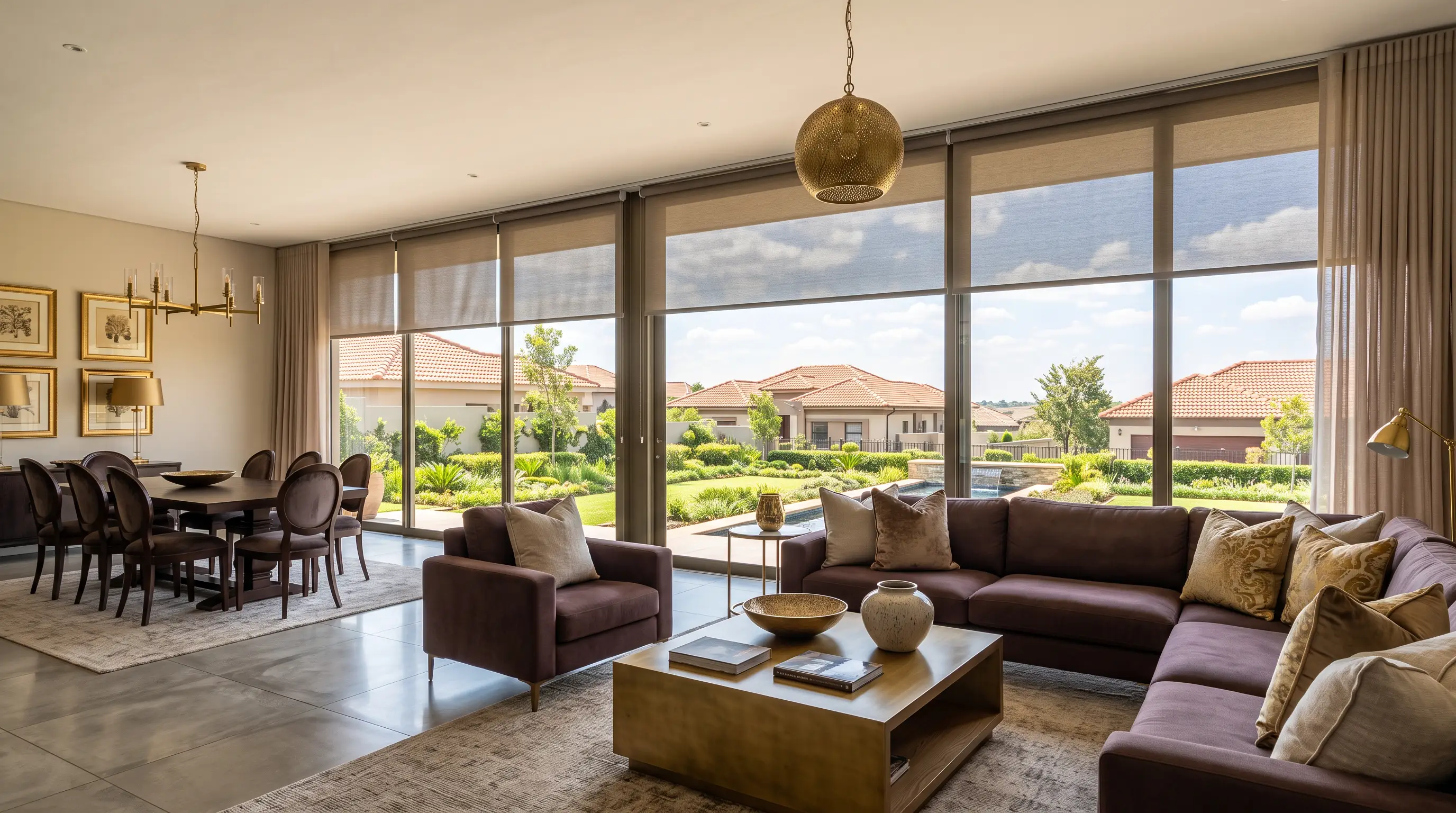 Motorised roller blinds in a security-estate home living room in Six Fountains, Pretoria East