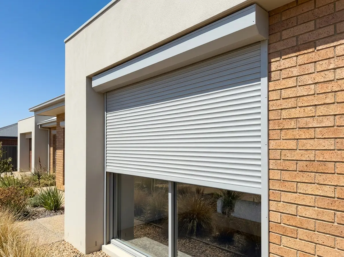 Light-grey aluminium roller shutter partially raised on an estate home facade in Six Fountains